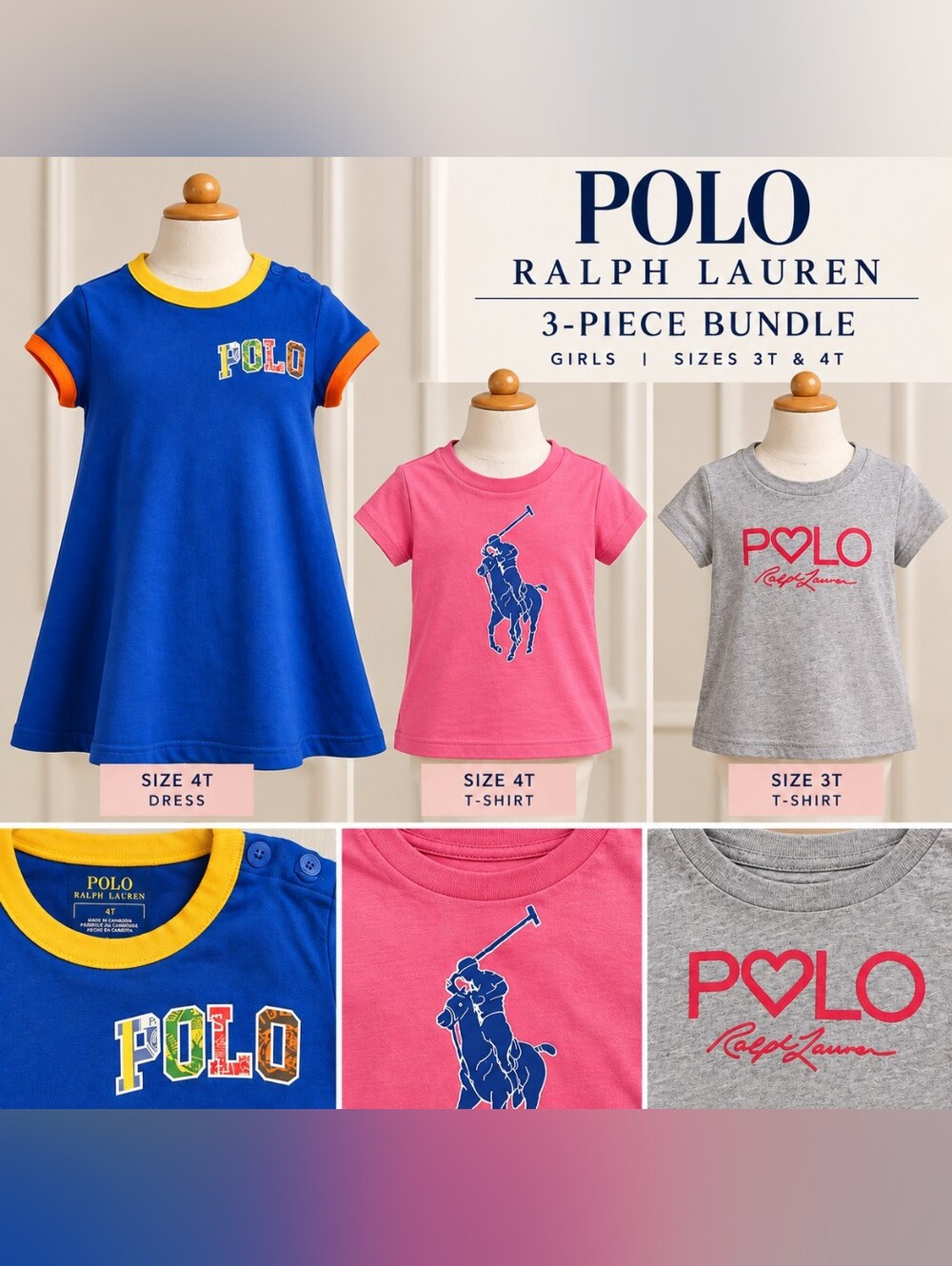 Polo by Ralph Lauren Girls' 3-Piece Bundle, Sizes 3T &4T